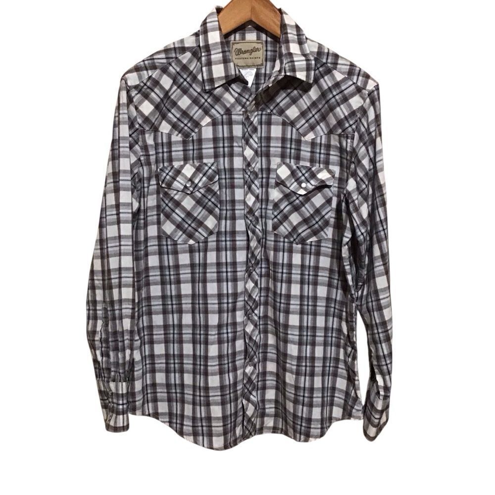Wrangler Western Shirts Pearl‎ Snap Brown Plaid Shirt L Cowboy Workwear